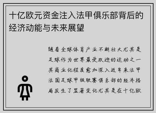 十亿欧元资金注入法甲俱乐部背后的经济动能与未来展望