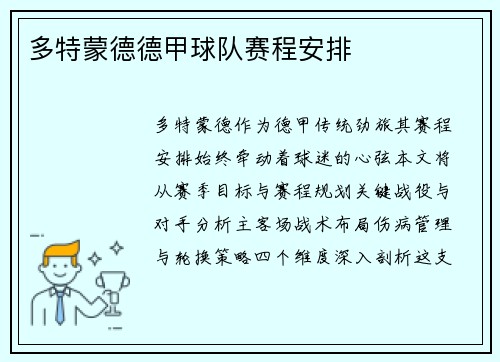 多特蒙德德甲球队赛程安排