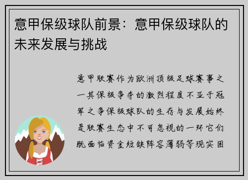 意甲保级球队前景：意甲保级球队的未来发展与挑战