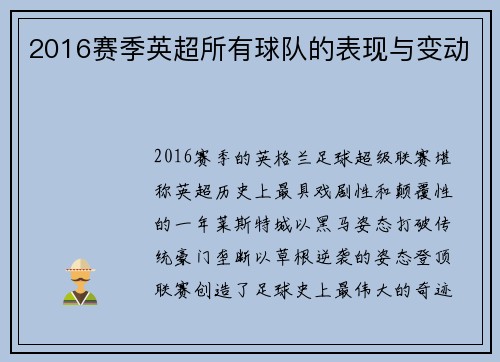 2016赛季英超所有球队的表现与变动