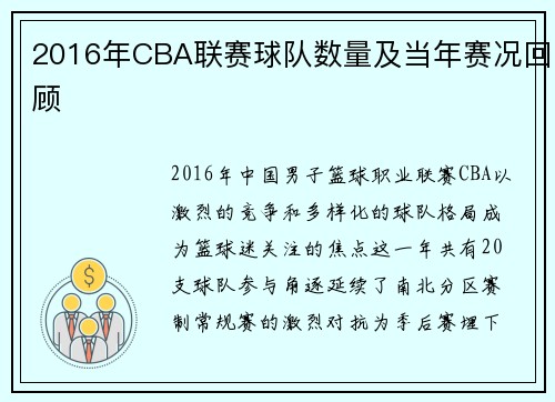 2016年CBA联赛球队数量及当年赛况回顾