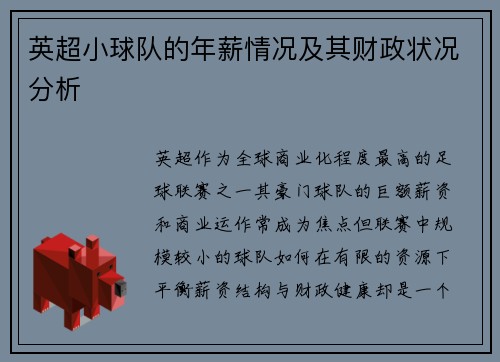 英超小球队的年薪情况及其财政状况分析