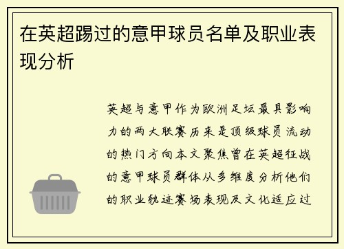 在英超踢过的意甲球员名单及职业表现分析